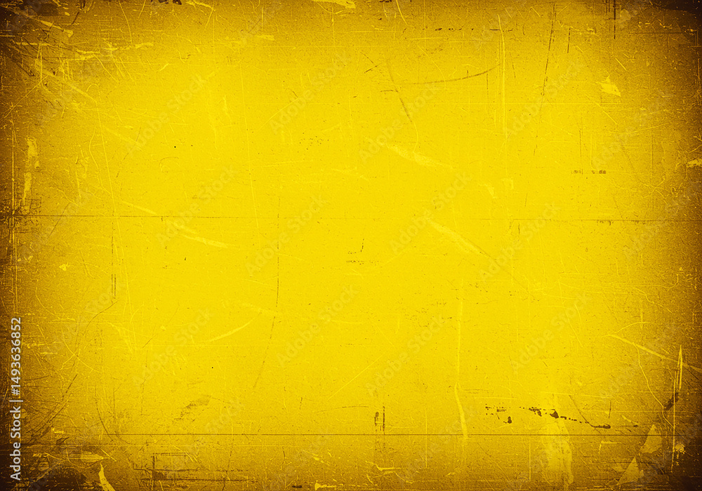 Poster abstract yellow grunge background with scratches and dark vignette border texture