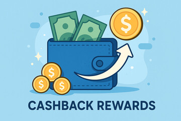 A vibrant illustration of cashback rewards featuring a wallet, money, and coins