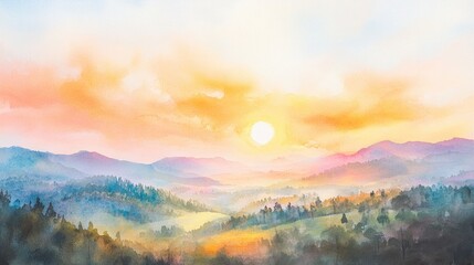 Obraz premium Watercolor mountain landscape painting at sunset with vibrant colors