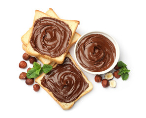 Toasts with chocolate hazelnut spread, nuts and mint isolated on white, top view