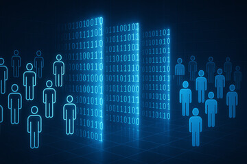 A futuristic representation of digital data flow with binary numbers and human silhouettes, illustrating the concept of data processing and connectivity in the digital age.