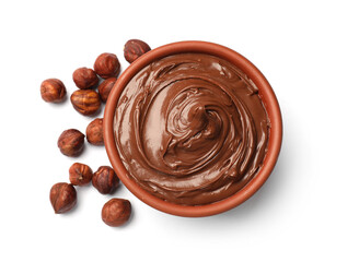Tasty chocolate hazelnut spread and nuts isolated on white, top view