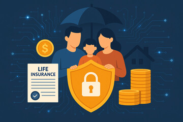 A family protected by life insurance, symbolizing security and peace of mind. A shield, money, and house are depicted, representing financial safety and family protection.