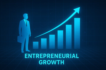 A conceptual graphic illustrating entrepreneurial growth with a business figure next to an upward trend line