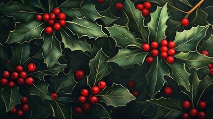 Festive holly leaves and berries, intricate illustration.