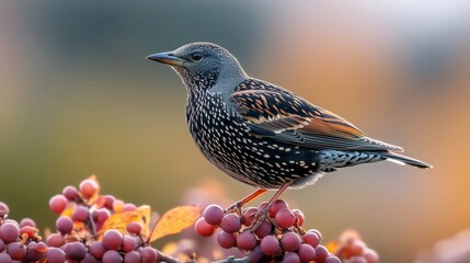 European starling perched on grapes in autumnal vineyard