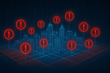 A futuristic cityscape with digital indicators highlighting issues. The vibrant red symbols signify alerts amidst a grid layout, representing technology's role in urban management.
