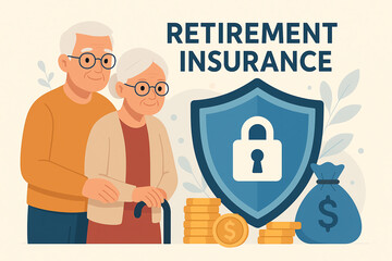 An illustrative depiction of an elderly couple planning for their future with retirement insurance. The image highlights financial security with a shield and money symbols.