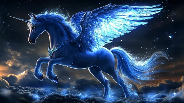 a celestial wing blue unicorn with starry sky in ethereal fantasy scenery 