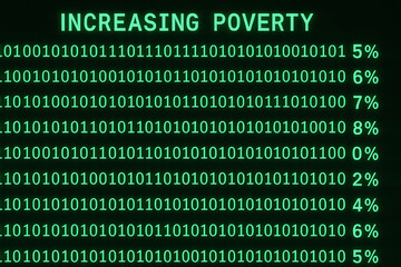 Digital artwork displaying statistics on increasing poverty levels, represented through numbers and binary code on a glowing green screen
