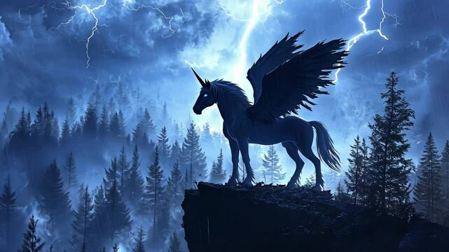 elegance fantasy animation silhouette shadow of a wing unicorn on the cliff top with lightning bolt strike in the background 