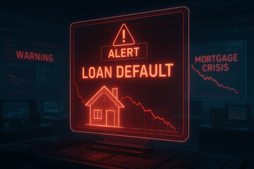 A stark warning display highlighting a loan default alert, emphasizing the risks associated with mortgage crises. The image visually represents financial distress and caution.