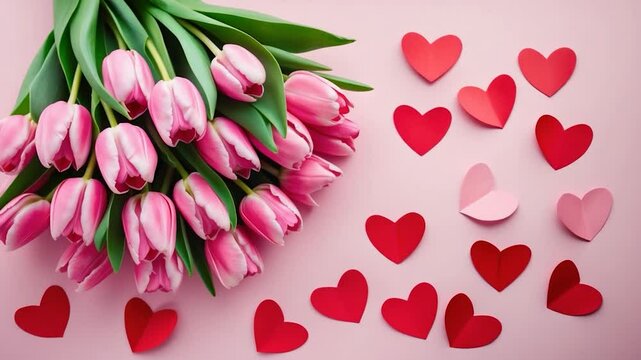 Charming tulips and ruby paper hearts on surface