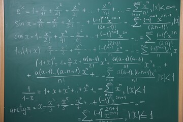 Different formulas written with chalk on blackboard