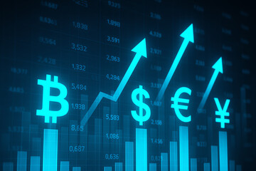 This image illustrates the rise of various currencies represented by distinct symbols