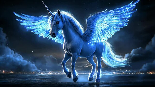 a celestial wing blue unicorn with starry sky in ethereal fantasy scenery 