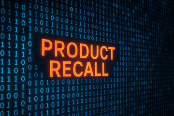 A digital representation of a product recall alert, featuring bold neon letters against a backdrop of binary code. This image symbolizes technology and consumer safety in commerce.