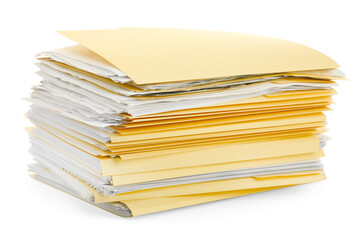 Stack of file folders with papers isolated on white
