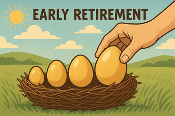 A conceptual illustration focusing on early retirement, featuring a hand selecting golden eggs from a nest amidst a serene landscape, symbolizing financial security and dreams.