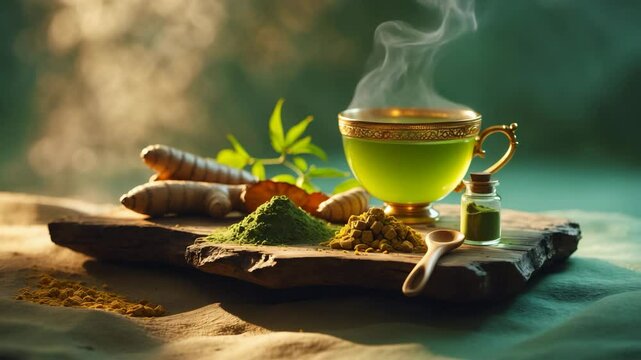 Ayurvedic herb and its powdered tea for detoxifying the body, soothing spasms, easing pain, and raising blood pressure.