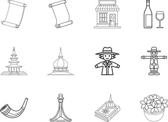 Outlined symbols including ancient scrolls, store, pagoda, flowers and a wine glass are displayed