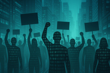A striking representation of modern protest, featuring digital silhouettes of people holding signs in an urban landscape. The imagery conveys unity and social change.