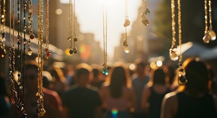 Necklaces Hanging at a Street Market with People Walking