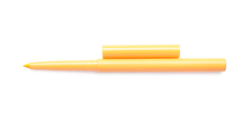 Yellow twist up eye pencil isolated on white, top view