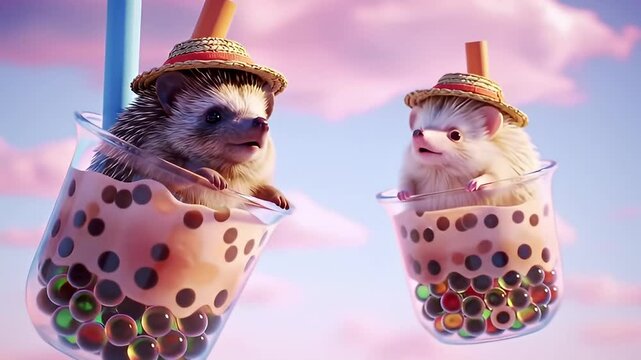 Two Hedgehogs Inside of Boba Tea Cups Wearing Hats with Pink Cloudy Sky Background