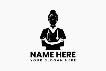 Minimalist monochrome line art nurse with stethoscope and confident folded arms vector logo. Professional healthcare emblem  