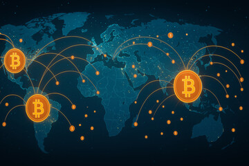This digital illustration showcases a global network of cryptocurrency transactions, highlighting Bitcoin's worldwide connections and the movement of digital assets across continen