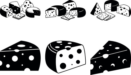 Assorted cheese types black and white illustration