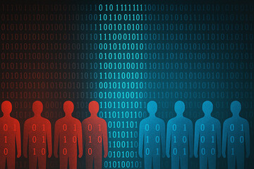 An abstract representation of digital data and cyber identity, showcasing binary code against silhouettes of people in red and blue, symbolizing the intersection of human and digit