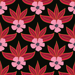 Trendy floral seamless pattern. Simple red and beige daisy. Spring flower template for packaging, postcards, textile printing, wallpaper. Hand drawn illustration isolated on white background