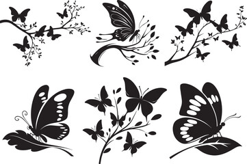 Elegant black butterfly silhouettes on branches design elements