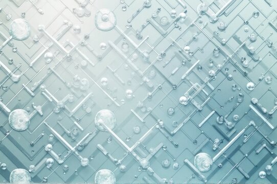 Futuristic circuit board: abstract geometric pattern with light blue tones and spherical elements - Powered by Adobe