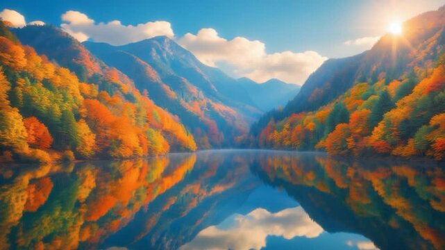 videosque wooded mountains and clear blue sky mirrored in Lake.