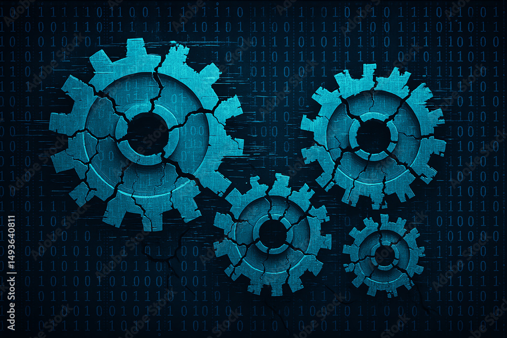 Poster an abstract illustration of interconnected gears with a digital backdrop, symbolizing innovation, en
