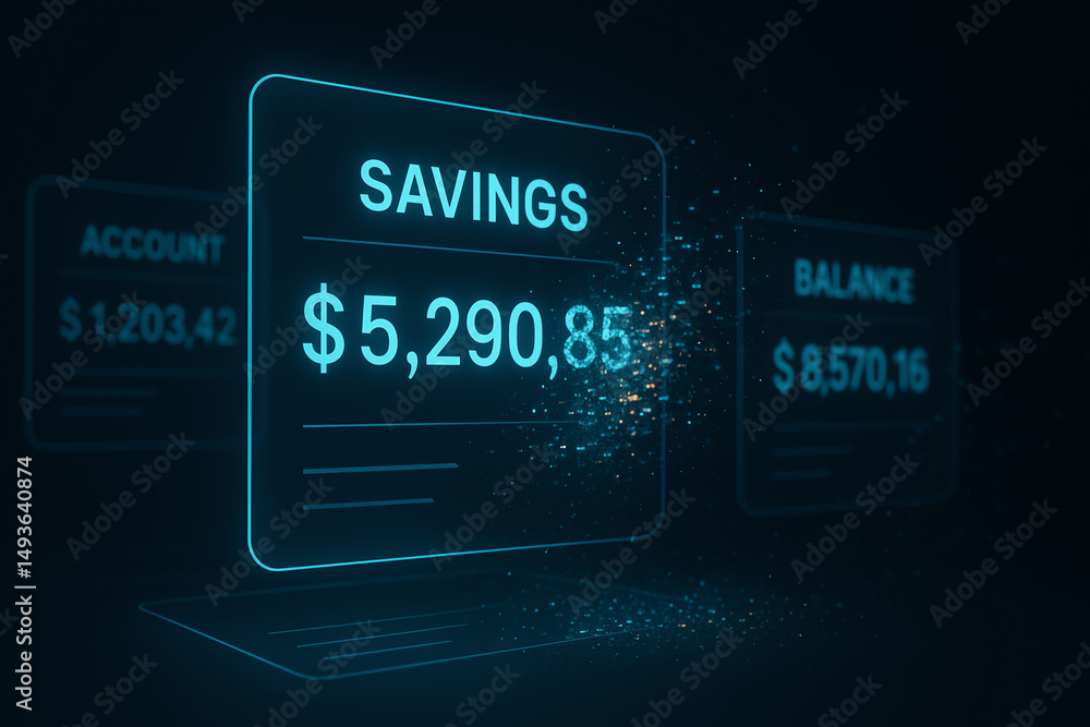 Poster a digital representation of a savings account balance displayed in a futuristic, glowing interface, 