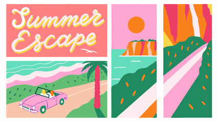 Chasing the sun on a summer escape cruising in a pink convertible with dreamy retro graphics and