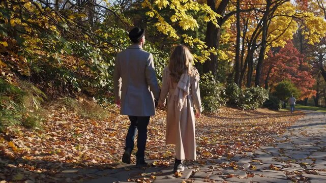 A couple walks through a park with autumn leaves, captured from a low-angle in a serene, cinematic video style, showcasing vibrant fall colors.