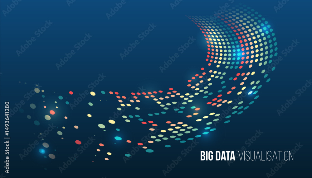 Aufkleber Digital data analysis, information technology and modern methods of information processing. Abstract visualization of big data in the form of a wave-like flow of colored dots on a dark blue background
