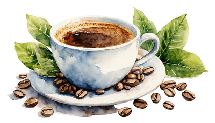 a delicate watercolor painting depicts a blue teacup filled with dark coffee surrounded by scattered coffee beans and vibrant green leaves on a white surface.