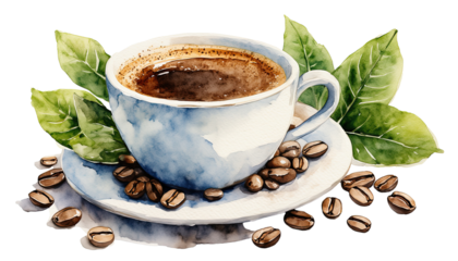 a delicate watercolor painting depicts a blue teacup filled with dark coffee surrounded by scattered coffee beans and vibrant green leaves on a white surface.