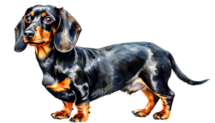 a digitally painted dachshund with black and tan markings stands in a full body pose against a white background.