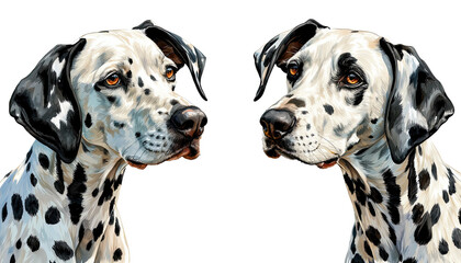 a detailed watercolor painting portrays two dalmatian heads facing each other with intense golden eyes and distinctive black spots against a plain white background.