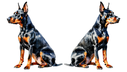 a watercolor painting depicts two majestic doberman pinschers sitting in profile, showcasing their sleek black and rust coloring and alert expressions.