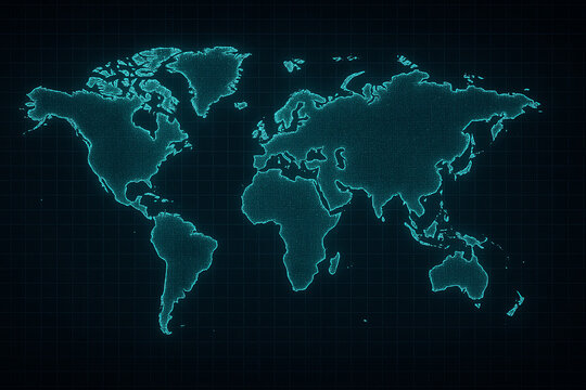 A digital representation of a world map, featuring glowing outlines and a dark background, perfect for tech-related projects, presentations, or as a backdrop for data visualization