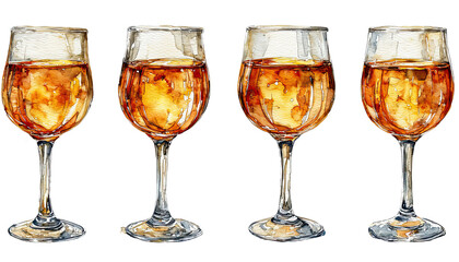 a watercolor painting depicts four glasses filled with amber liquid, showcasing delicate brushstrokes and a transparent effect.