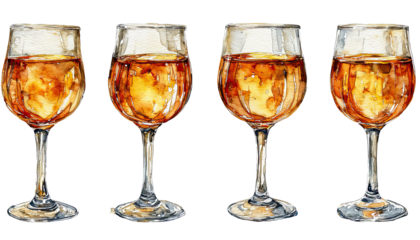 a watercolor painting depicts four glasses filled with amber liquid, showcasing delicate brushstrokes and a transparent effect.